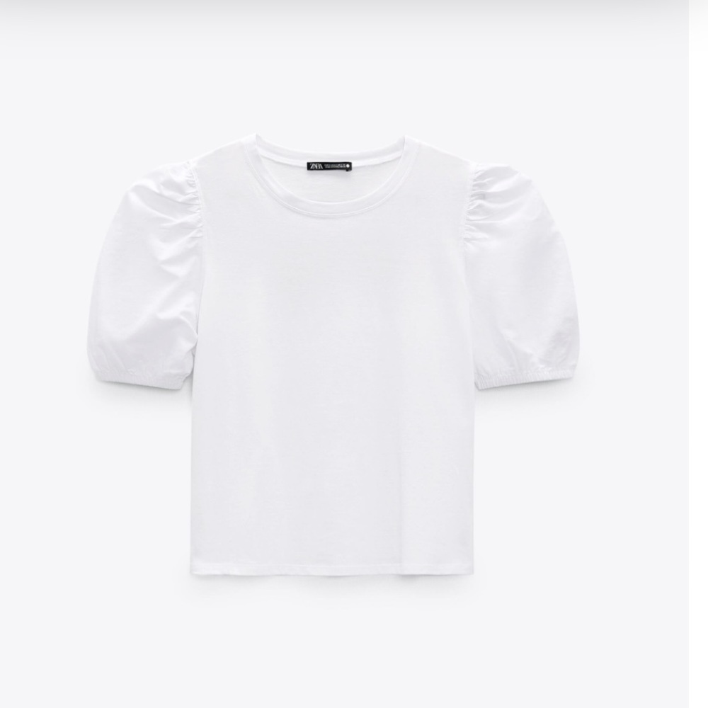 NWT Zara Mixed Poplin White Tee With Puffed Sleeves Sz M #0239 - Picture 6 of 6